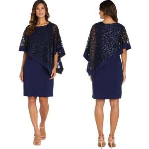 R&M Richards Capelet Dress with Metallic Lace Asymmetric Poncho Size 16